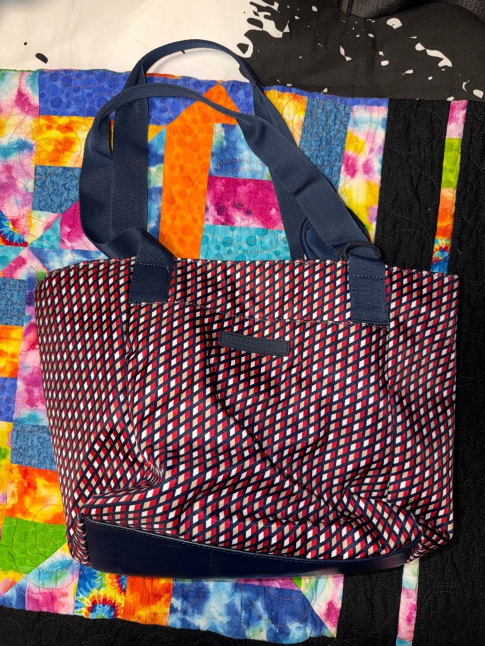 Tommy Hilfiger Navy Red Geo-Pattern Tote with Blue Handles